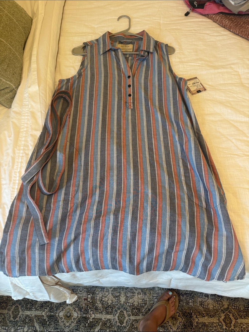 Sleeveless Collared Stripe Midi Dress in Blue & Rust